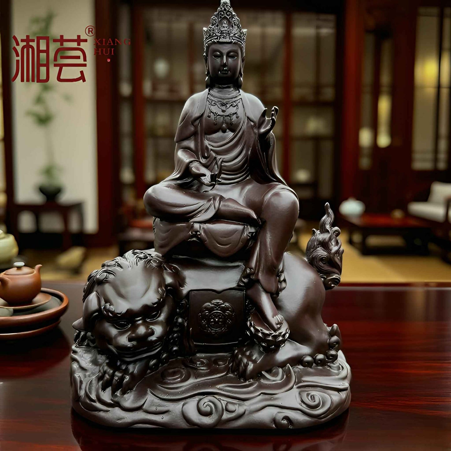 Manjushri Bodhisattva Statue Resin Bluestone Style – Buddhist Wisdom Buddha Figurine Meditation Altar Home Decor