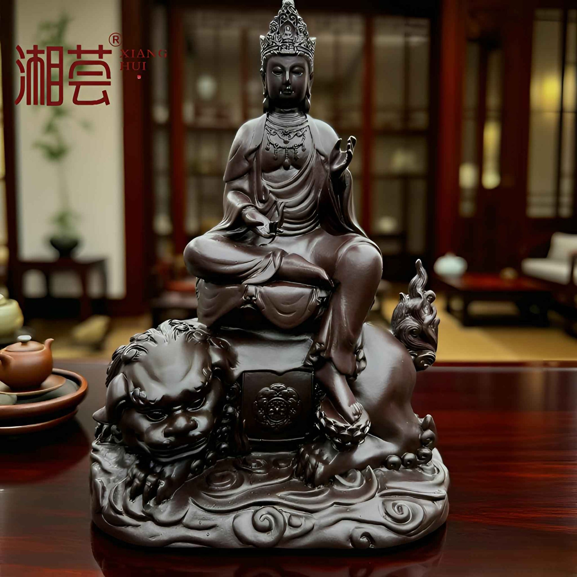Manjushri Bodhisattva Statue Resin Bluestone Style – Buddhist Wisdom Buddha Figurine Meditation Altar Home Decor